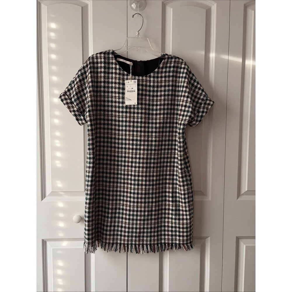 Zara White & Multi Color Houndstooth Tweed Fringe Tunic Shift Dress Sz Large New